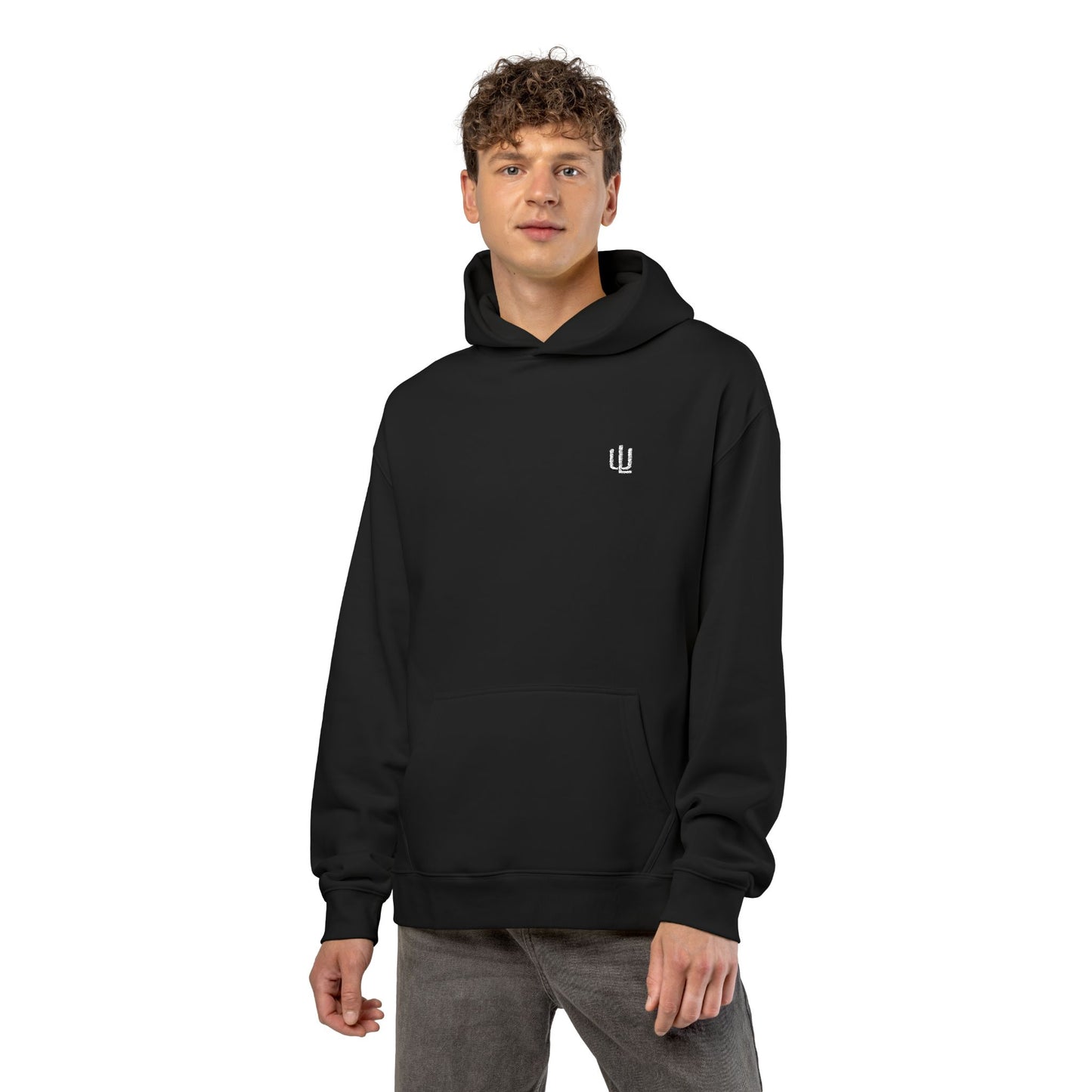 Minimal Black Hoodie with Small Gothic Monogram - Relaxed Streetwear